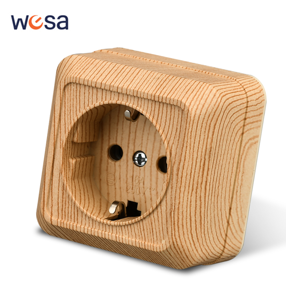 Outdoor Power Plus - Wesa ปลั๊กเสียบพื้นผิวไม้ติดผนังปลั๊กไฟฟ้าอียูเลียนแบบกราวด์ซ็อกเก็ตไฟฟ้ากลางแจ้งไม้ไฟหน่วงไฟพลาสติก