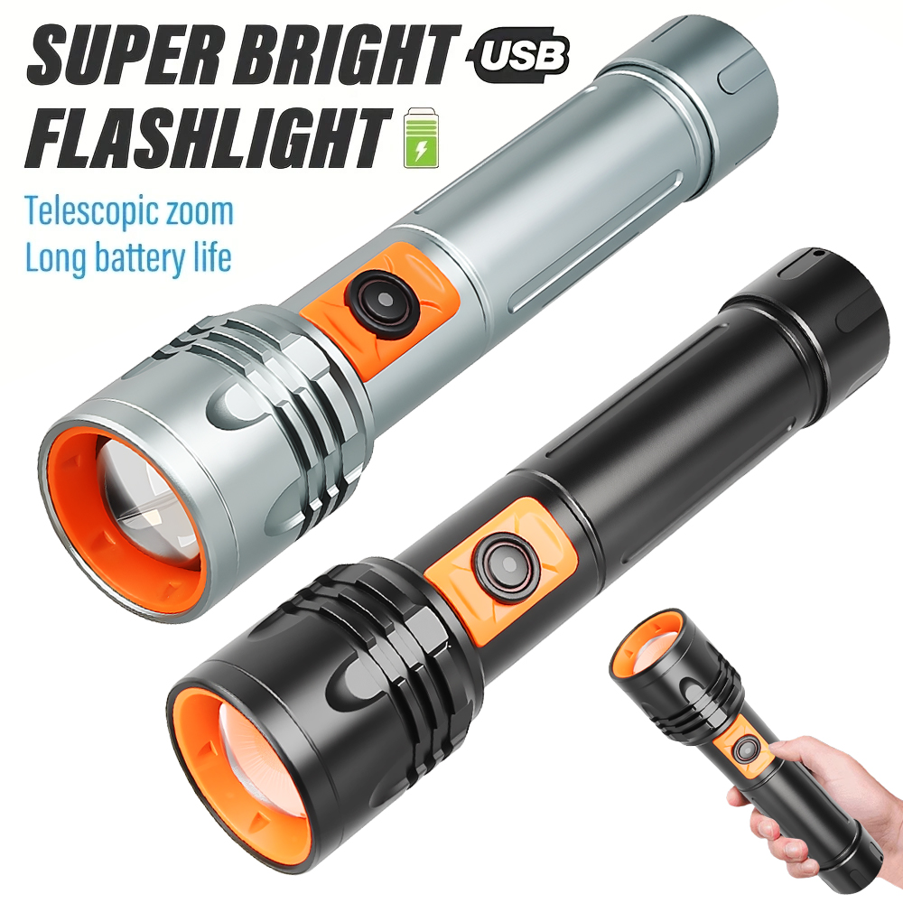 Outdoor Power For Lights - ไฟฉาย LED พลังงานสูงไฟฉายแบบชาร์จไฟได้ USB พร้อมซูมแบบยืดไสลด์โคมไฟยุทธวิธีซุปเปอร์ไบรท์สำหรับตกปลาตั้งแคมป์กลางแจ้ง