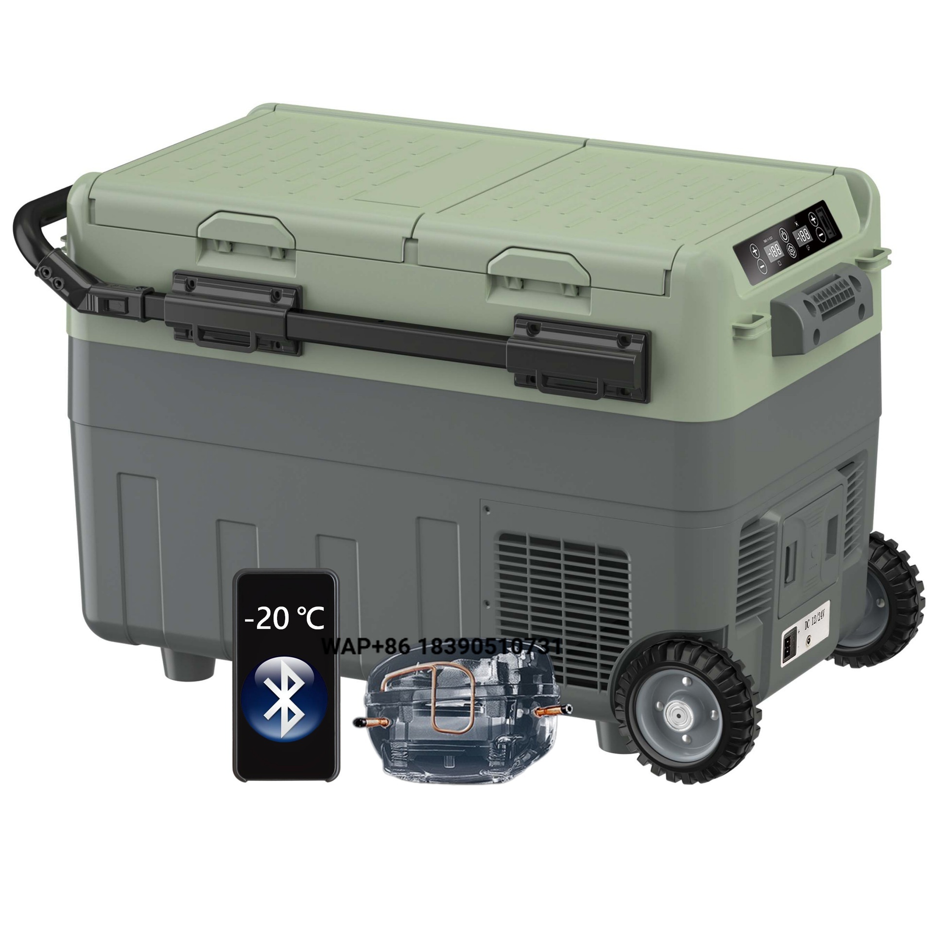 Outdoor Power Wheels - ตู้เย็นพกพาสำหรับรถยนต์แบบสองช่องขนาด 40 ลิตร พร้อมระบบควบคุมผ่านแอพพลิเคชั่น พลังงานแสงอาทิตย์ ล้อเลื่อน
