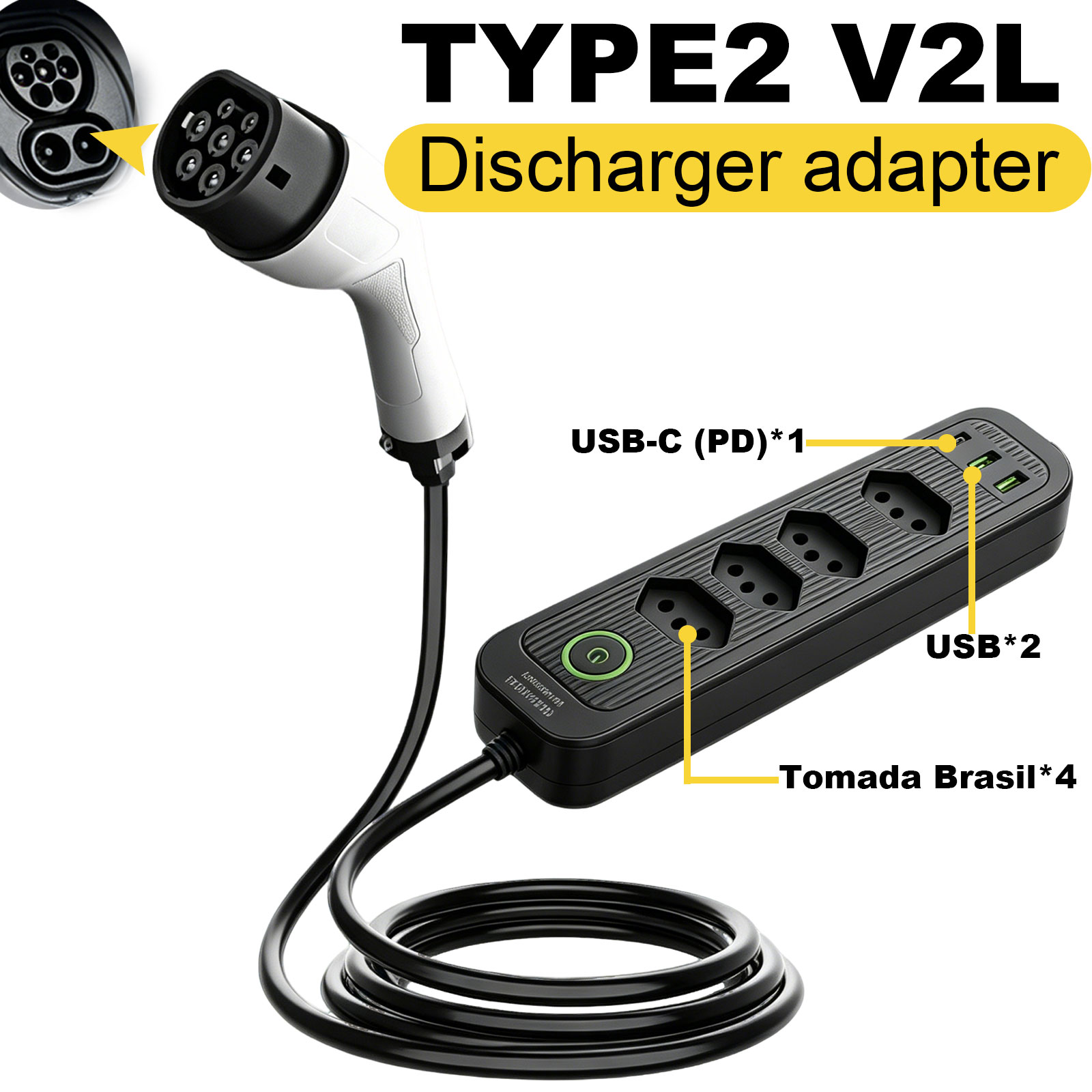 Outdoor Power Plus - อะแดปเตอร์ปล่อยไฟ Type2 V2L 16A สำหรับปลั๊กบราซิล ใช้กับสถานีไฟฟ้าภายนอกสำหรับรถยนต์ไฟฟ้า