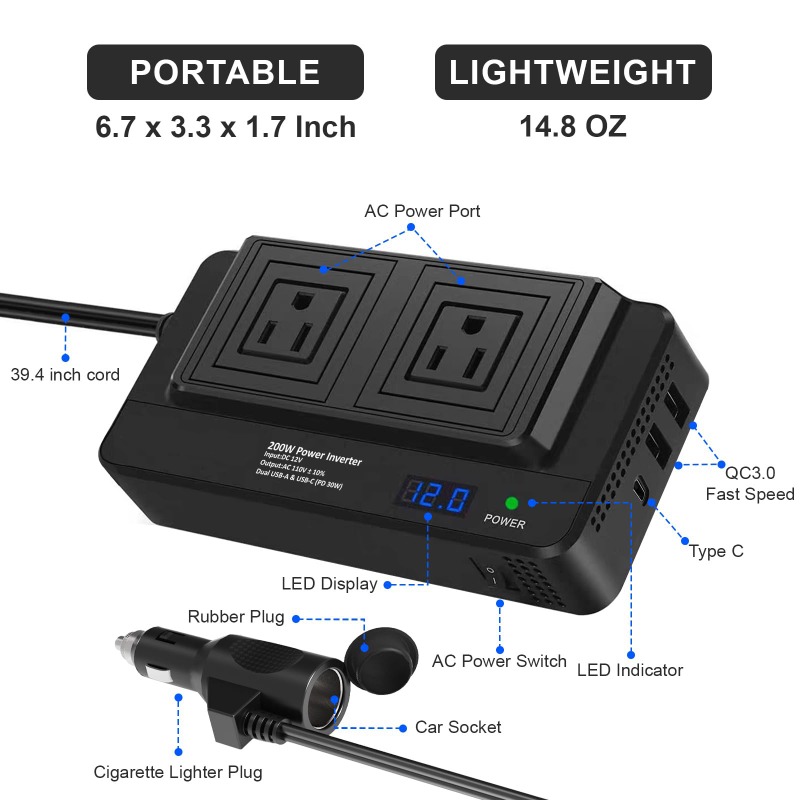 Outdoor Power Adapter Usb C - อินเวอร์เตอร์แปลงไฟรถยนต์ 200W พร้อมช่องเสียบ USB 2 ช่อง