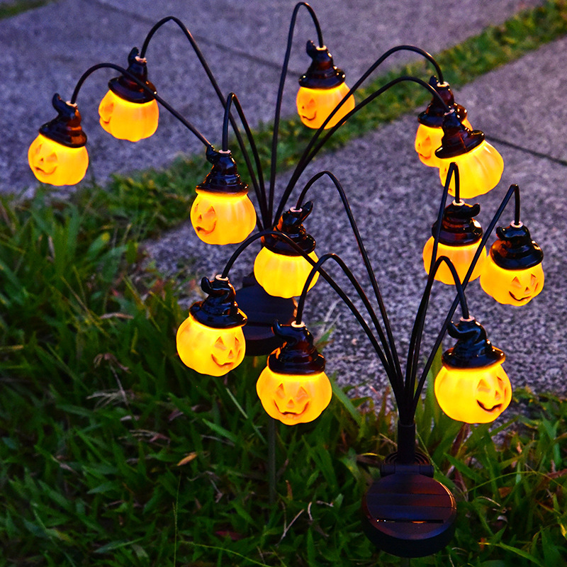 Outdoor Yard Power Stake - ไฟประดับทางเดินฮาโลวีนพลังงานแสงอาทิตย์ 6 หัว รูปฟักทอง ดวงตา หัวกะโหลก